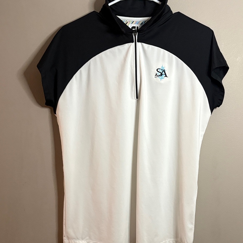 FootJoy St. Albans Black and White Short Sleeve  1/4 Zip-Up Top Large